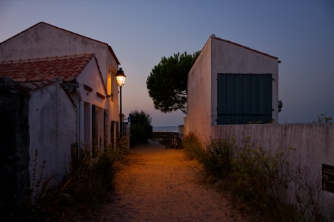 Un chemin de sable éclairé par un réverbère, entre deux maisons blanches aux tuiles rondes, menant vers un pin parasol et l'estran, au Vieil, à Noirmoutier, à la tombée de la nuit.